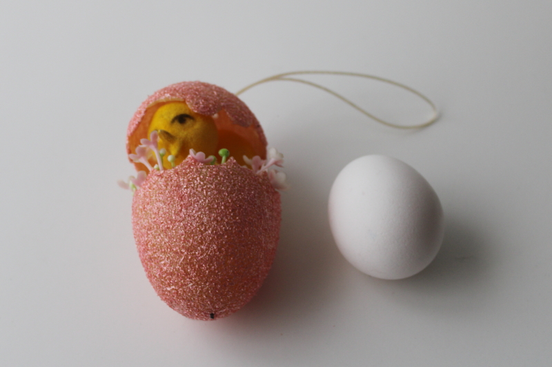 photo of large vintage flocked plastic egg w/ hatching chick, Easter basket tie on ornament #1