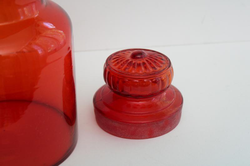 photo of large vintage glass canister or apothecary jar, tangerine orange glass bottle w/ lid #3