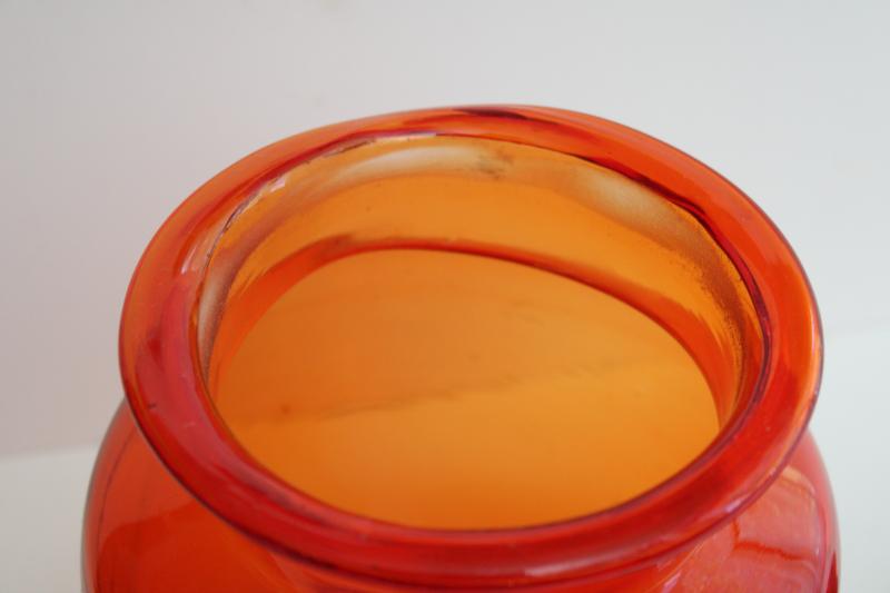 photo of large vintage glass canister or apothecary jar, tangerine orange glass bottle w/ lid #6