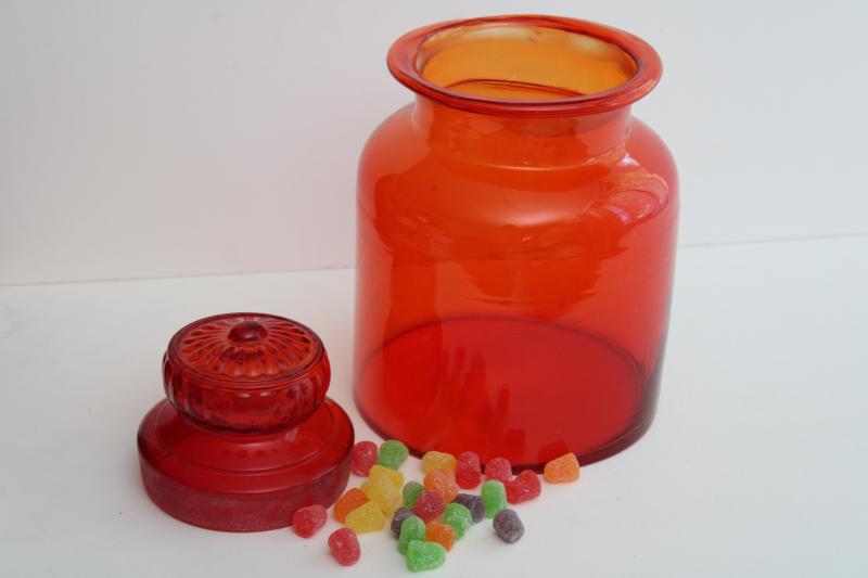 photo of large vintage glass canister or apothecary jar, tangerine orange glass bottle w/ lid #7