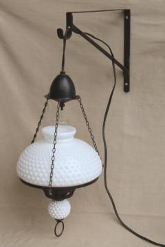 catalog photo of large vintage milk glass shade hanging lamp, antique oil lamp reproduction w/ wall bracket