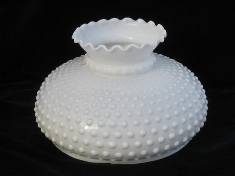 photo of large vintage milk glass student table lamp light shade, hobnail pattern #1