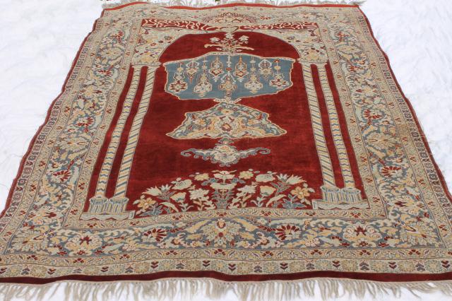 photo of large vintage oriental rug, fringed prayer rug pattern woven wool Turkish or Persian carpet #1