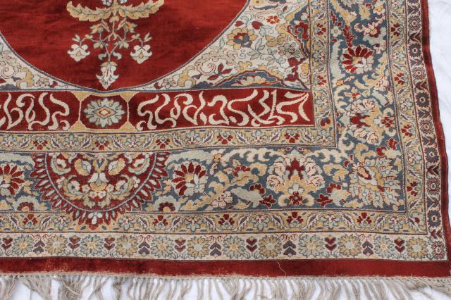 photo of large vintage oriental rug, fringed prayer rug pattern woven wool Turkish or Persian carpet #3