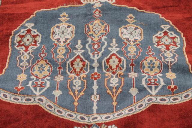 photo of large vintage oriental rug, fringed prayer rug pattern woven wool Turkish or Persian carpet #4