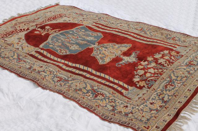 photo of large vintage oriental rug, fringed prayer rug pattern woven wool Turkish or Persian carpet #9