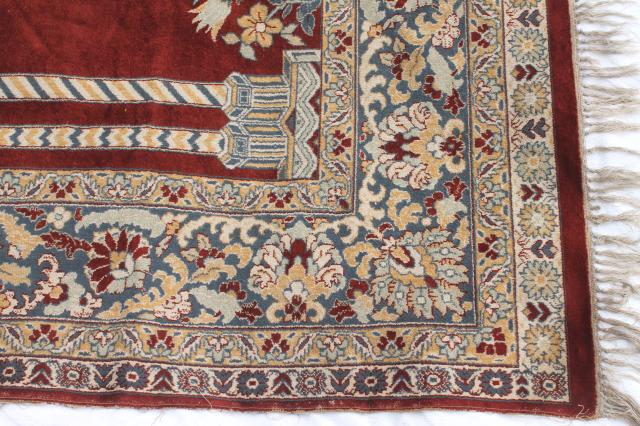 photo of large vintage oriental rug, fringed prayer rug pattern woven wool Turkish or Persian carpet #10