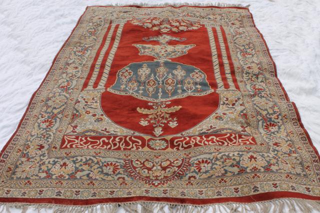 photo of large vintage oriental rug, fringed prayer rug pattern woven wool Turkish or Persian carpet #15