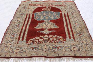 catalog photo of large vintage oriental rug, fringed prayer rug pattern woven wool Turkish or Persian carpet