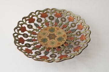 catalog photo of large vintage pierced brass bowl w/ flowers, niello style colored enameled brass