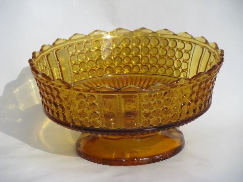 photo of large vintage pressed glass footed bowl, jewel & band pattern in amber #1