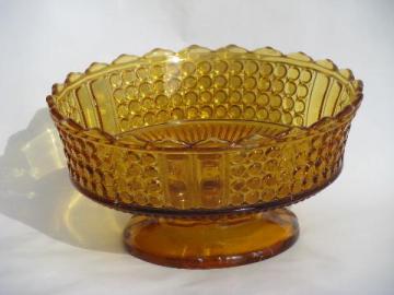 catalog photo of large vintage pressed glass footed bowl, jewel & band pattern in amber