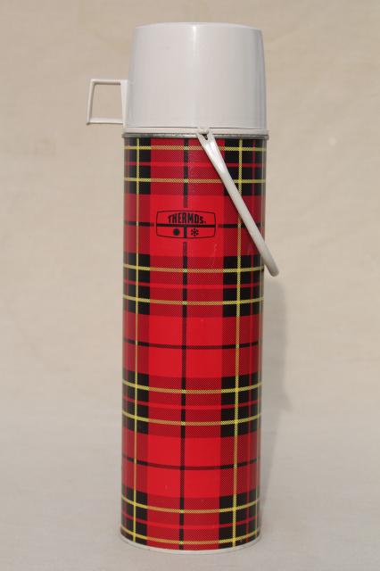 photo of large vintage red tartan plaid Thermos insulated bottle w/ carry handle #1