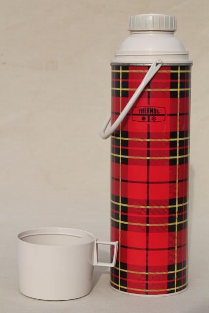 photo of large vintage red tartan plaid Thermos insulated bottle w/ carry handle #2