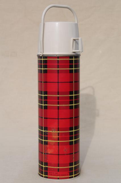 photo of large vintage red tartan plaid Thermos insulated bottle w/ carry handle #3