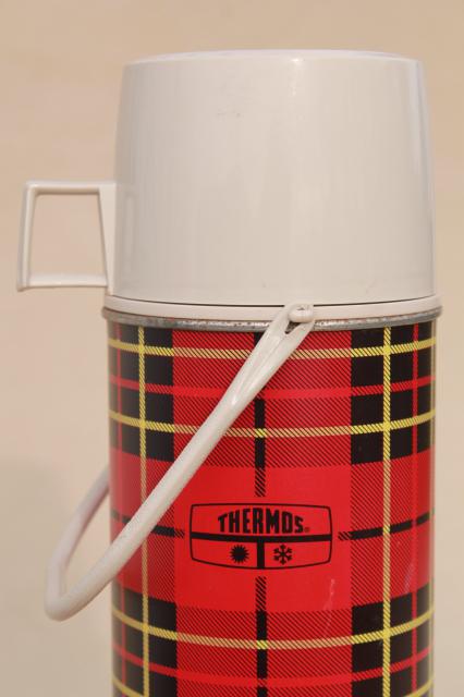 photo of large vintage red tartan plaid Thermos insulated bottle w/ carry handle #9