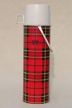 catalog photo of large vintage red tartan plaid Thermos insulated bottle w/ carry handle