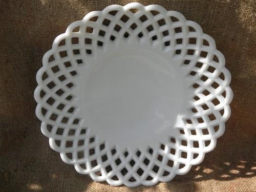 photo of large vintage white milk glass serving plate, open lace edge border #1