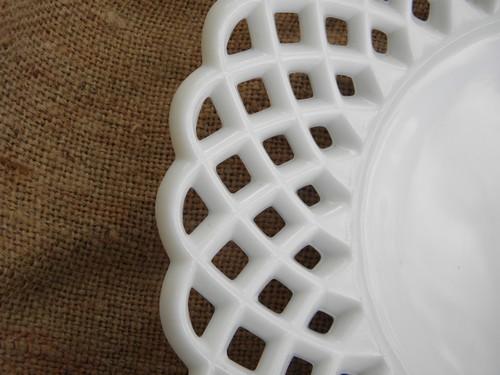 photo of large vintage white milk glass serving plate, open lace edge border #2