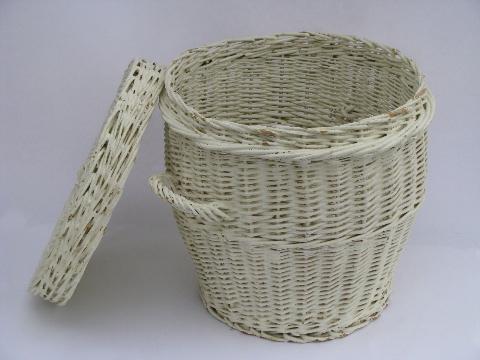 photo of large vintage white painted wicker hamper, old sewing / mending basket #2