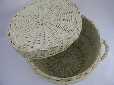 photo of large vintage white painted wicker hamper, old sewing / mending basket #3