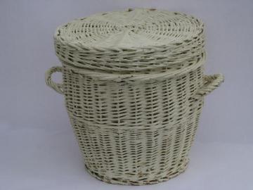 catalog photo of large vintage white painted wicker hamper, old sewing / mending basket