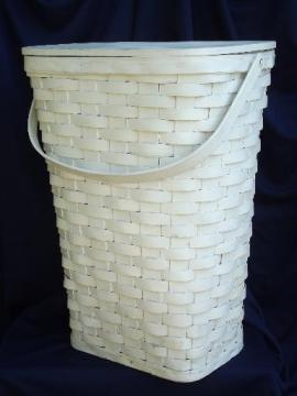 catalog photo of large vintage white painted wood splint wash hamper, old laundry basket