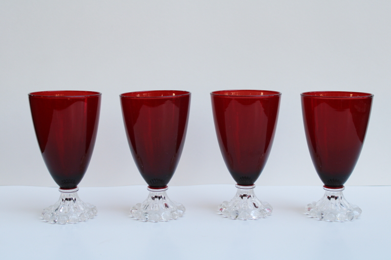 photo of large water or wine glasses, vintage royal ruby red w/ clear foot Anchor Hocking boopie pattern #1