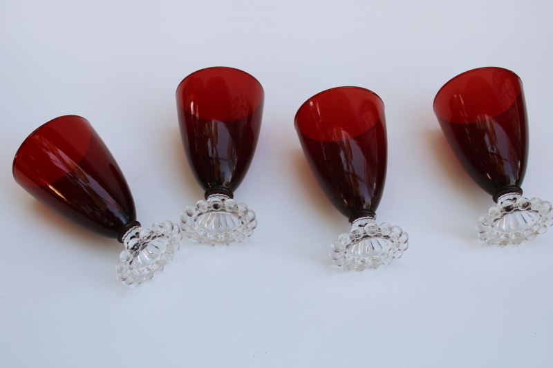 photo of large water or wine glasses, vintage royal ruby red w/ clear foot Anchor Hocking boopie pattern  #2