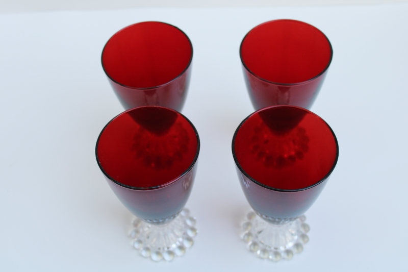 photo of large water or wine glasses, vintage royal ruby red w/ clear foot Anchor Hocking boopie pattern  #3