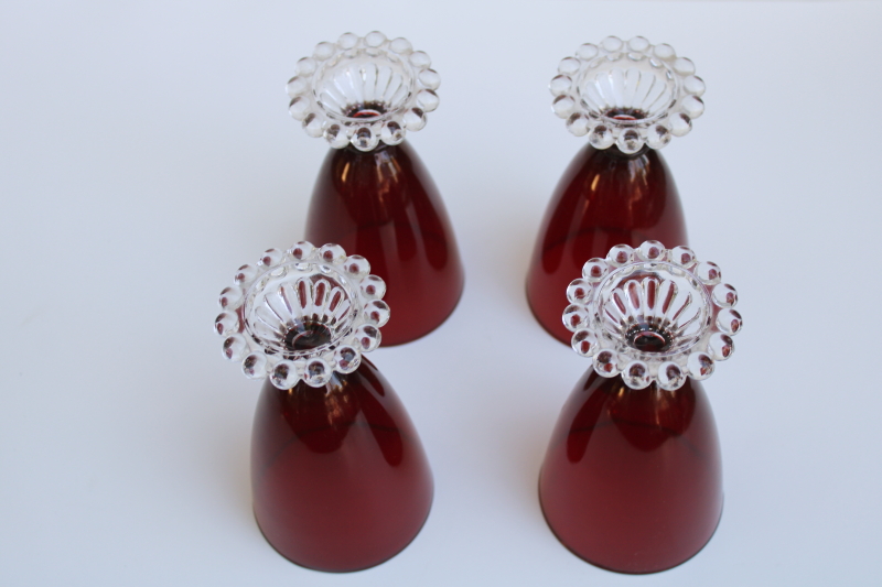 photo of large water or wine glasses, vintage royal ruby red w/ clear foot Anchor Hocking boopie pattern  #4