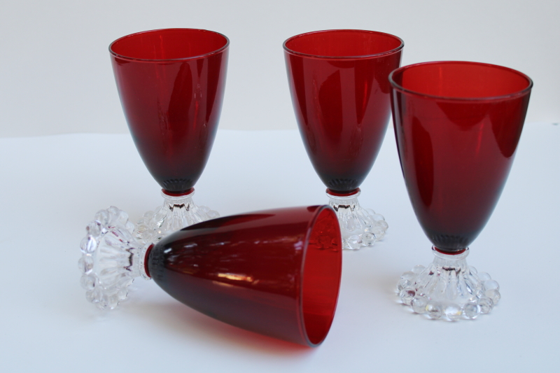 photo of large water or wine glasses, vintage royal ruby red w/ clear foot Anchor Hocking boopie pattern  #5