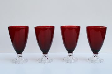large water or wine glasses, vintage royal ruby red w/ clear foot Anchor Hocking boopie pattern 
