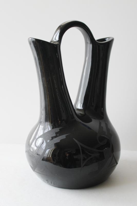 photo of large wedding vase, authentic signed Native American Cedar Mesa black on black pottery #1