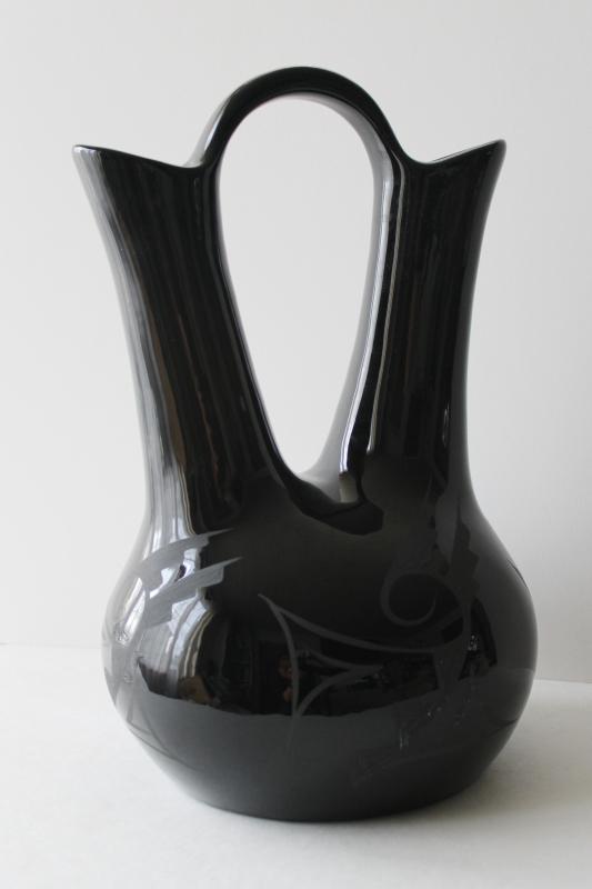 photo of large wedding vase, authentic signed Native American Cedar Mesa black on black pottery #3