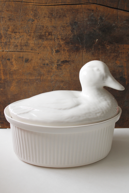 photo of large white ceramic duck on nest casserole dish, french country style vintage California pottery  #1