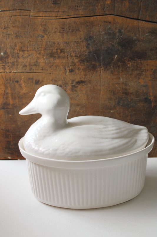 photo of large white ceramic duck on nest casserole dish, french country style vintage California pottery  #2