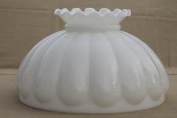 catalog photo of large white milk glass lamp shade for student lamp, melon ribbed glass lampshade 