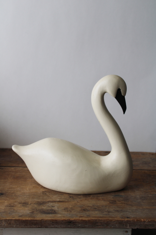 photo of large white swan decorative decoy, carved wood composition vintage folk art style bird  #3