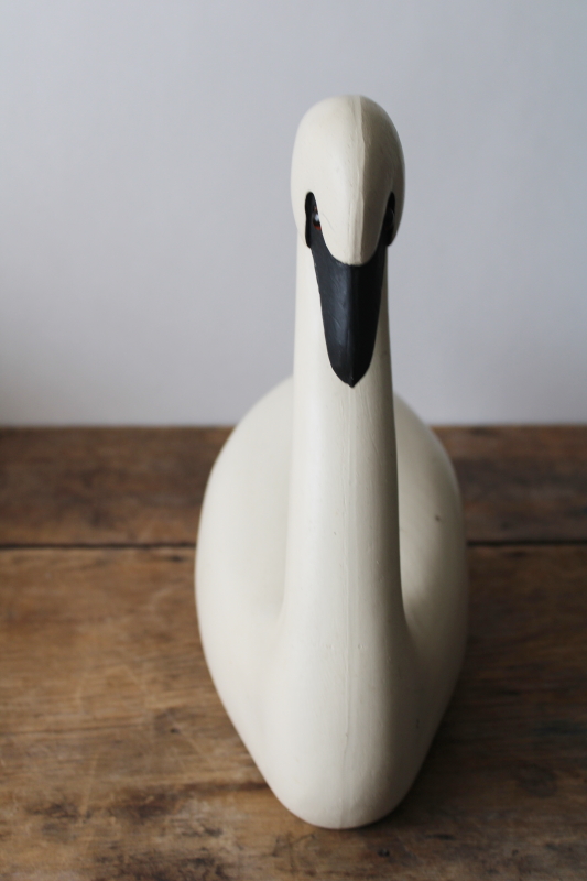 photo of large white swan decorative decoy, carved wood composition vintage folk art style bird  #5