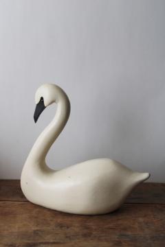 catalog photo of large white swan decorative decoy, carved wood composition vintage folk art style bird 