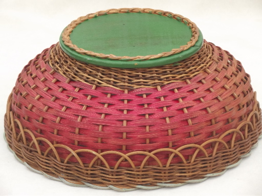 photo of large wicker basket bowl w/ old paint & flowers, 1930s or 40s vintage #4
