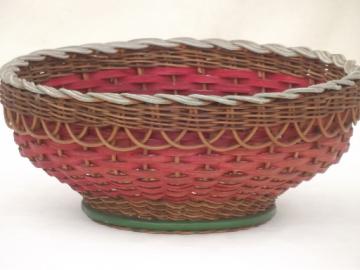 catalog photo of large wicker basket bowl w/ old paint & flowers, 1930s or 40s vintage