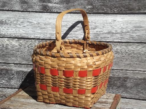 photo of large wood splint gathering harvest produce basket w/ wooden handle #1