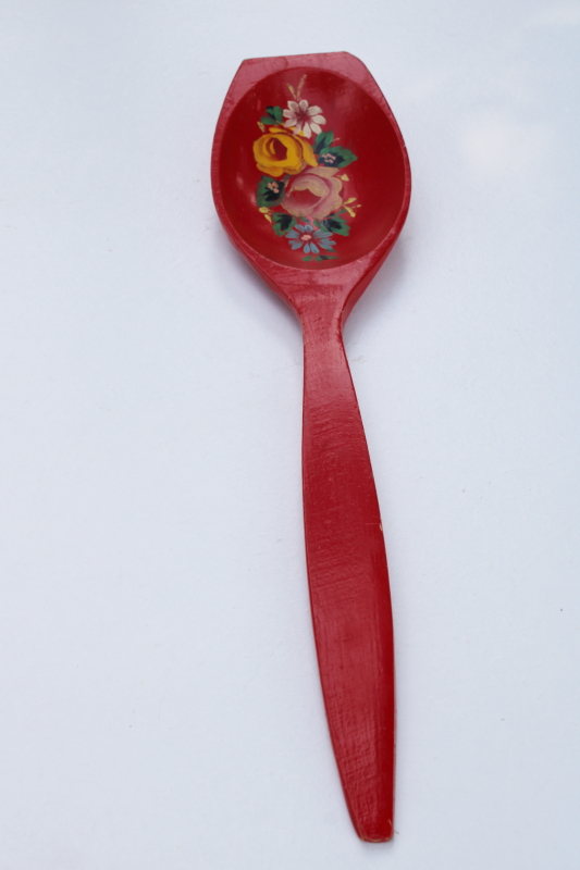 photo of large wooden spoon Swedish folk art hand painted roses on red, Scandinavian traditional crafts #2