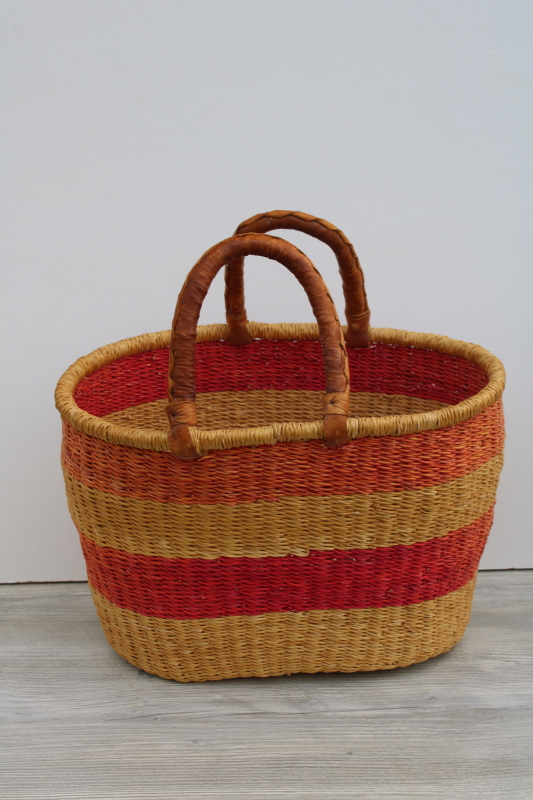 photo of large woven basket w/ leather wrapped handles, storage tote or french country style market basket #1