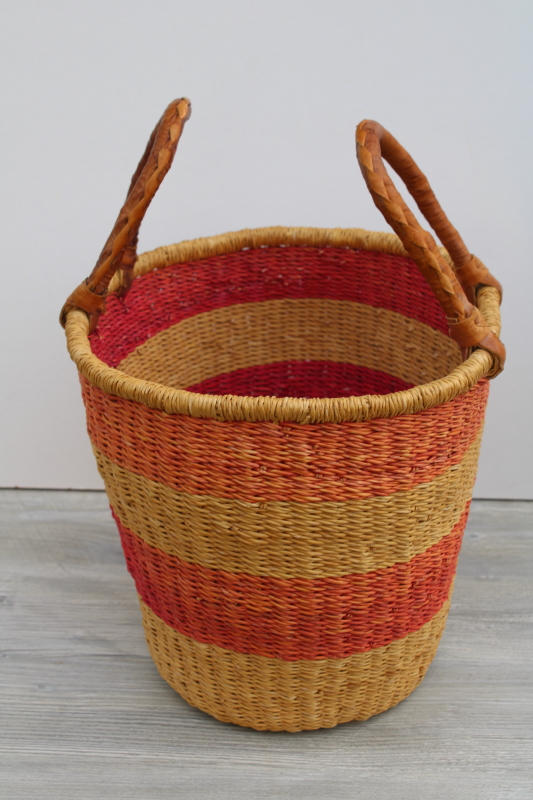 photo of large woven basket w/ leather wrapped handles, storage tote or french country style market basket #2