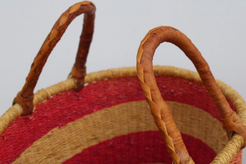 photo of large woven basket w/ leather wrapped handles, storage tote or french country style market basket #3