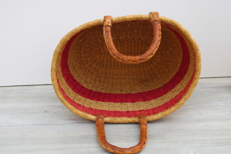 photo of large woven basket w/ leather wrapped handles, storage tote or french country style market basket #4