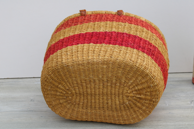 photo of large woven basket w/ leather wrapped handles, storage tote or french country style market basket #5